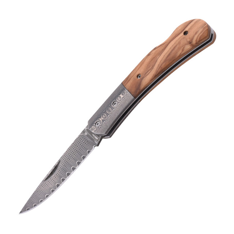 Couteau de poche pliant OEM Lame de Damas Manche en bois d'olivier GC-51D-OL