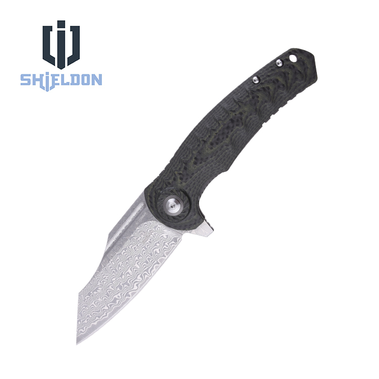 Couteau de poche pliant Shieldon 9Cr18Mov Lame en acier damas 67 couches G10 + manche en fibre de carbone 7093D