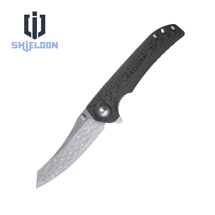 Couteau de poche pliant Shieldon Tortank 9Cr18Mov Lame en acier damas 67 couches G10 + manche en fibre de carbone 7091D