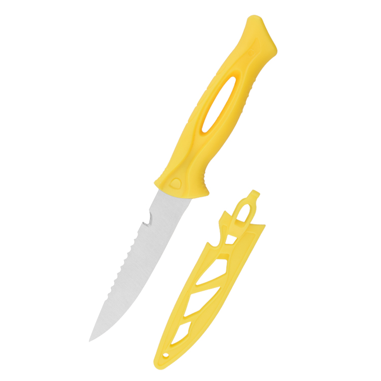 Cuchillo de pesca fijo OEM Hoja 3Cr13 Mango de PP con funda de PP amarilla FX-22652-A