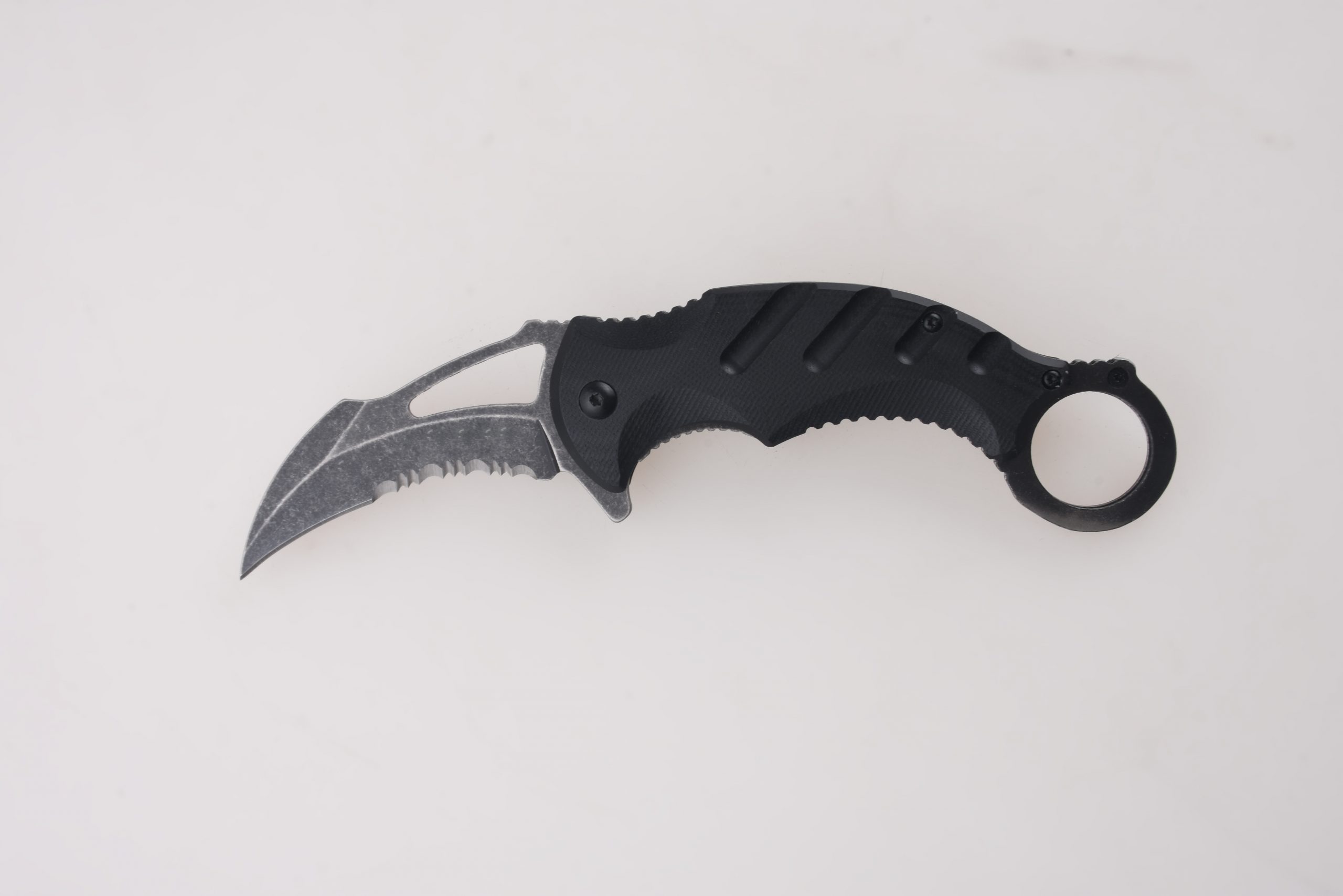 OEM folding knives Hawkbill blade neck semi-serrated cutting blackened stonewash FR-0502