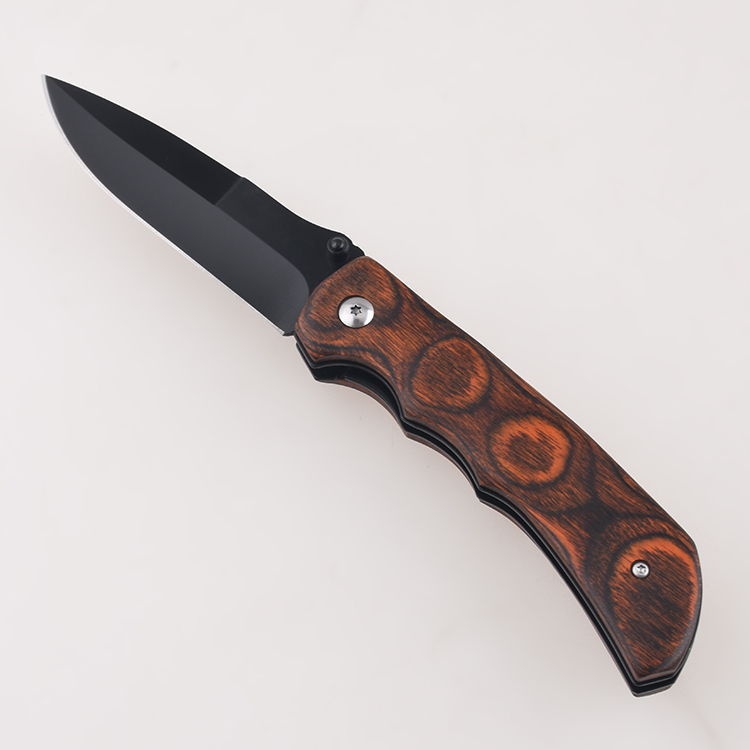 Складные ножи OEM, цветная деревянная ручка с обеих сторон, почерневшее лезвие из шпильки для большого пальца FR-0519
