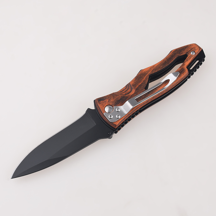 OEM folding knives wooden handle hollow lanyard hole blackened drop point blade FR-0508